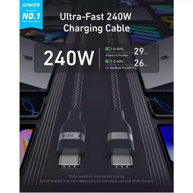 Anker 0.9m 240W Braided USB-C to USB-C Cable in black, shown with charging speed infographic and compatibility details