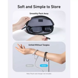 Anker 0.9m 240W Braided USB-C to USB-C Cable Black shown packed in a travel pouch and unfolding tangle-free from a wrist wrap