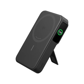 Anker MagGo 10000mAh Power Bank in black with built-in kickstand, MagSafe ring, and LED battery display indicator.