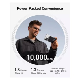 Anker MagGo 10000mAh Power Bank in black, wirelessly charging an iPhone held by a man, with 10,000mAh capacity callout