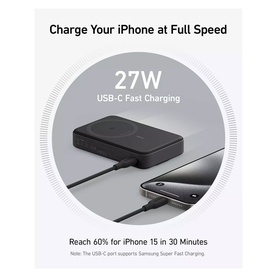 Anker MagGo 10000mAh Power Bank in black, wirelessly charging an iPhone via USB-C cable with 27W fast charging graphic