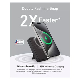 Anker MagGo 10000mAh Power Bank in black, wirelessly charging an iPhone, with 15W Wireless Charging and 2X faster callout text