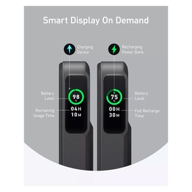 Anker MagGo 10000mAh Power Bank in black, infographic showing smart display with battery level and usage time indicators.