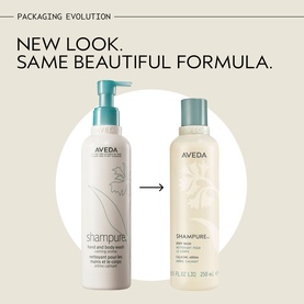 Aveda Shampure Calming Body Wash packaging evolution showing old and new bottle designs side by side, both pump bottles in soft neutral tones.