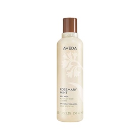 Aveda Rosemary Mint Invigorating Body Wash in a white pump bottle with brown cap and palm leaf design