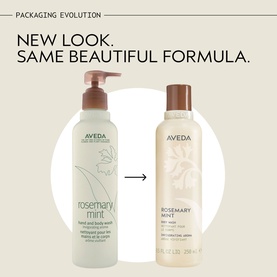 Aveda Rosemary Mint body lotion packaging evolution showing old and new bottle designs side by side
