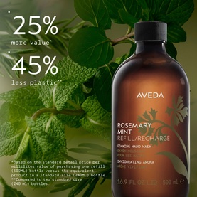 Aveda Rosemary Mint Invigorating Foaming Hand Wash refill bottle, 500ml amber bottle with fresh mint leaves, highlighting 25% more value and 45% less