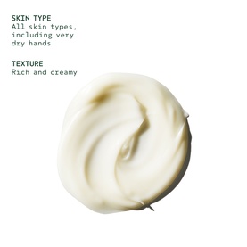Aveda Rosemary Mint Hand Relief hand cream texture swatch, rich and creamy consistency, suitable for all skin types including very dry hands