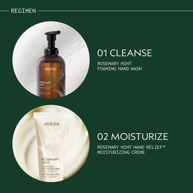 Aveda Rosemary Mint Hand Relief Moisturizing Cr&egrave;me and Rosemary Mint Foaming Hand Wash shown as a two-step cleanse and moisturise regimen.