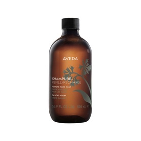 Aveda Shampure Calming Foaming Hand Wash Refill in amber glass bottle with black pump cap and botanical illustration label