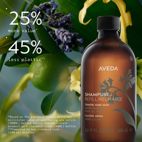 Aveda Shampure Calming Foaming Hand Wash Refill 500ml bottle with lavender and botanical ingredients in background