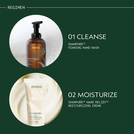 Aveda Shampure Calming Foaming Hand Wash and Shampure Hand Relief Moisturizing Creme shown in a two-step cleanse and moisturise regimen guide