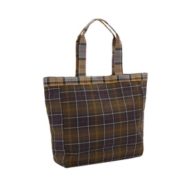 Barbour multi tartan cotton tote bag with twin handles, structured base and zip top closure in brown and yellow check
