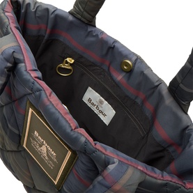 Barbour quilted tote bag interior, showing tartan lining, zip pocket, gold-tone hardware and brand label