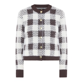 Barbour International multi-coloured check knit cardigan with brown ribbed trim and gold-tone buttons, fluffy textured fabric