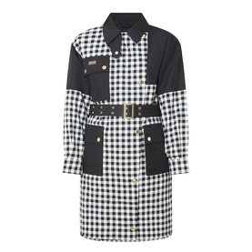 Barbour International Gea Gingham Showerproof Coat in black, patchwork gingham print, belted waist, patch pockets, gold press-studs, longline fit