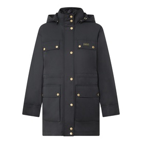 Barbour International Molina Showerproof Coat in black with detachable hood, gold snap buttons, chest flap pockets and bellow pockets