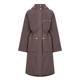 Barbour International truffle longline parka coat with hood, drawstring waist, press-stud pockets and gold-tone hardware