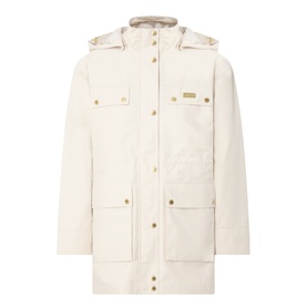 Barbour International Molina Showerproof Short Jacket in Moonbeam with detachable hood, gold snap buttons, chest and bellow pockets