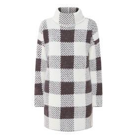 Barbour International multi check turtleneck dress in cream and dark brown plaid, long sleeve, mini length