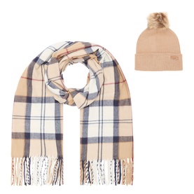 Barbour gift set featuring camel check fringed scarf and camel ribbed knit beanie with faux fur pom-pom