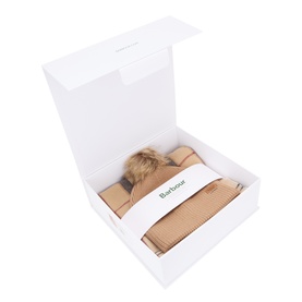 Barbour womenswear gift set in white gift box, containing a beige pom-pom beanie and matching scarf, multi-coloured tones.