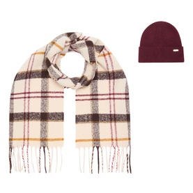 Barbour Olivia Beanie Hat & Scarf Gift Set in multi; burgundy ribbed beanie with logo plaque and cream tartan tasselled scarf