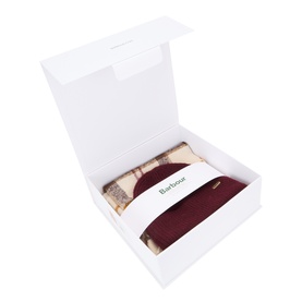Barbour Olivia Beanie Hat & Scarf Gift Set in multi, two-piece tartan scarf and burgundy beanie presented in white gift box