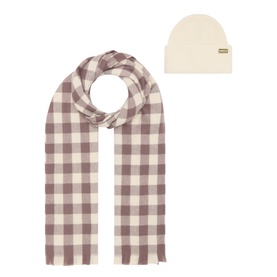 Barbour International gift set with cream ribbed beanie hat and mauve gingham check scarf, 100% acrylic