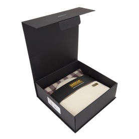 Barbour International Multi gift set in open black box, featuring cream and checked accessories in branded packaging