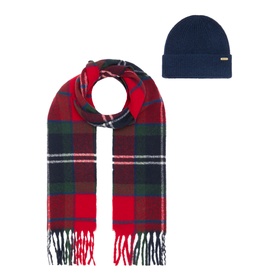 Barbour gift set with red multi tartan fringed scarf and navy ribbed beanie hat, wool blend