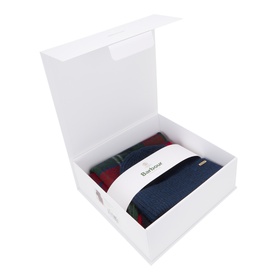 Barbour multi-coloured wool blend gift set in white presentation box, containing folded tartan scarf and navy item with branded label