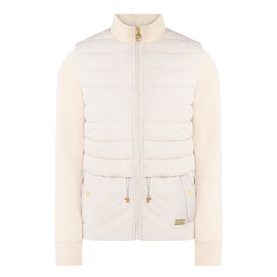 Barbour International Ari Hybrid Quilted Jacket in Moonbeam, padded bodice with contrast sweatshirt sleeves, drawcord waist, gold-toned zip and logo