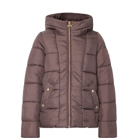 Barbour International truffle quilted puffer jacket with hood, zip front, and gold-tone hardware, front view