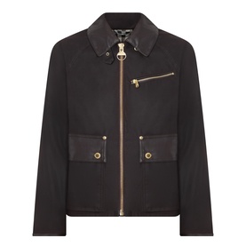 Barbour International dark brown cotton jacket with gold-tone zip, D-ring collar detail, and twin front patch pockets