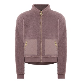 Barbour International truffle teddy fleece bomber jacket with gold zip, quilted patch pockets, and ribbed hem and cuffs.