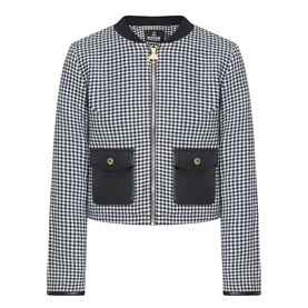 Barbour International Halina Gingham Zip Jacket in black and white gingham, cropped length, navy flap pockets with gold buttons, front zip