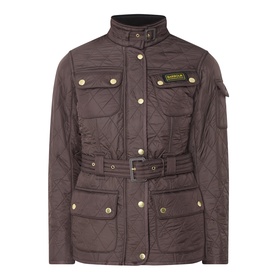 Barbour International quilted jacket in Truffle, belted waist, gold-tone press-stud fastening, chest and hip flap pockets