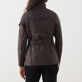 Model wearing Barbour International truffle quilted jacket, back view, featuring diamond quilting, belted waist and funnel neck.