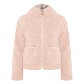 Barbour International Ramona Zip-Up Fleece Jacket in Nutmeg, sherpa fleece with fixed hood, gold zip, and two patch pockets