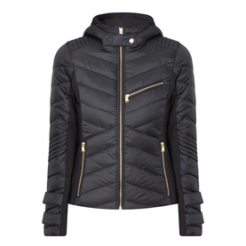 Barbour International Salengro Quilted Jacket in black with gold-toned zips, adjustable hood, stretch side panels and zipped chest pocket.