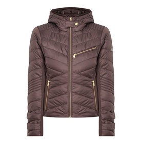 Barbour International truffle quilted hooded jacket with gold-tone zip detailing and asymmetric front zip fastening.