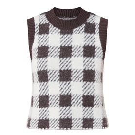Barbour International knitted sleeveless top in multi check, featuring brown and white gingham pattern, ribbed crew neck and hem