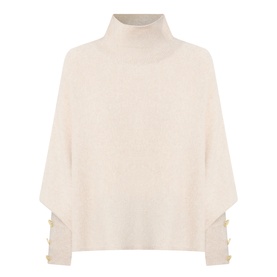 Barbour International moonbeam roll-neck poncho knit with batwing sleeves and gold button cuff details, 40% wool blend