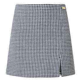 Barbour International Halina Gingham Mini Skirt in navy and white check, with side split and gold logo plaque detail.