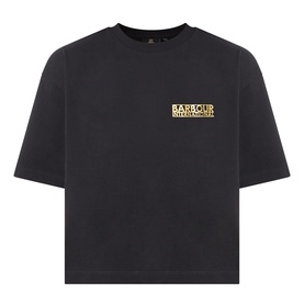 Barbour International black cotton T-shirt with gold logo print on chest, crew neck, short sleeves and relaxed fit.