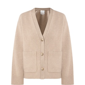 Citizens of Humanity fawn wool-cashmere cardigan with V-neck, gold buttons, and ribbed-trim patch pockets