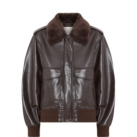 Citizens of Humanity chocolate dark brown leather bomber jacket with shearling collar, front patch pockets, and ribbed cuffs and hem