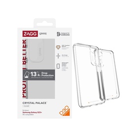 Zagg Crystal Palace S23+ Clear Case in clear, shown in retail packaging with drop protection details