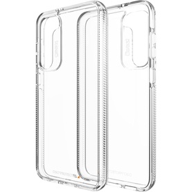 Zagg Crystal Palace S23+ Clear Case in transparent finish, showing front and back views with raised edges and corner protection.